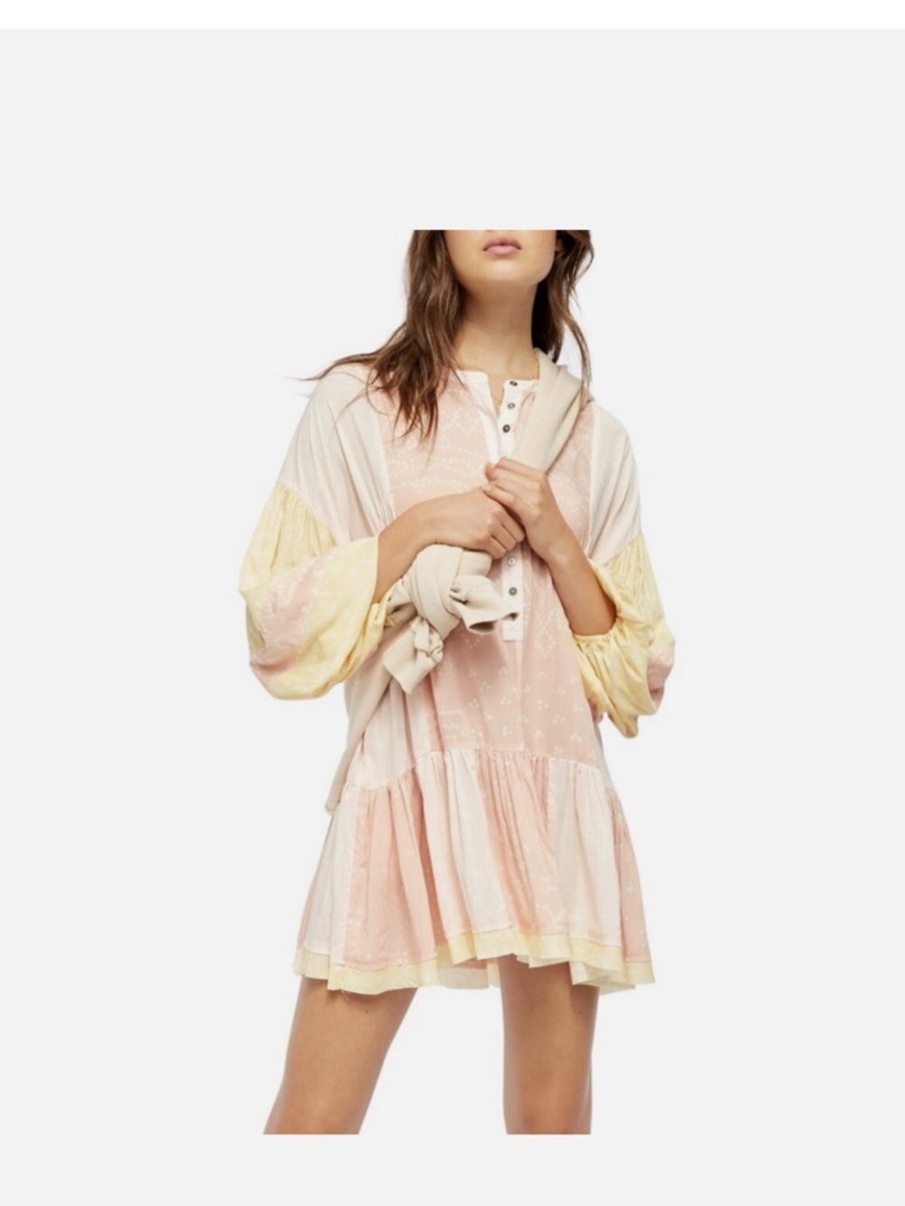 Free People Pastel Pink, Cream & Yellow Tiered Mini Dress